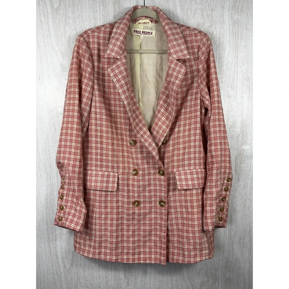 Free People Gingham‎ Blazer Womens M Pink Plaid Relaxed Cottagecore Boho Jacket